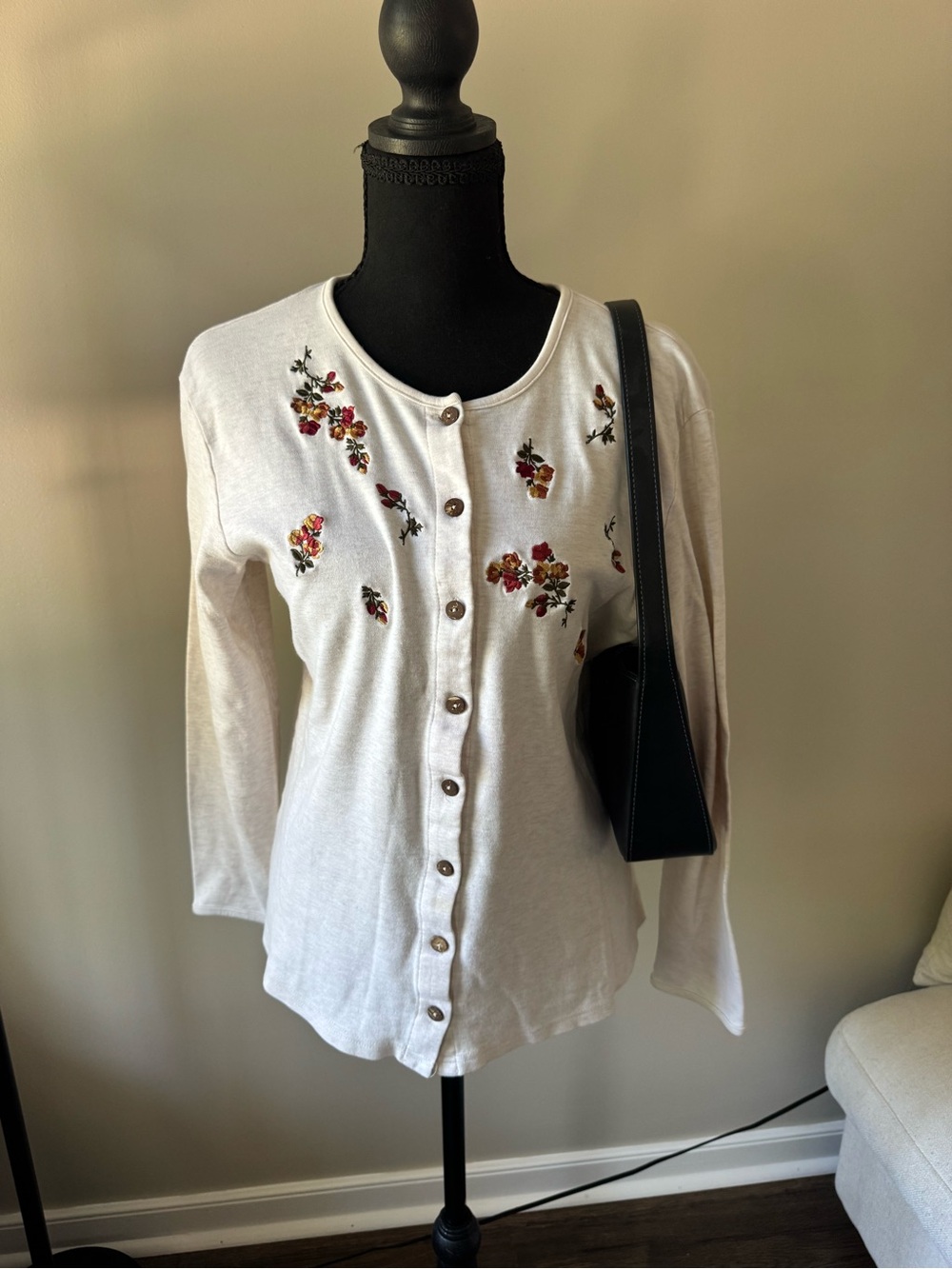 White Floral Embroidered Button-Up Cardigan